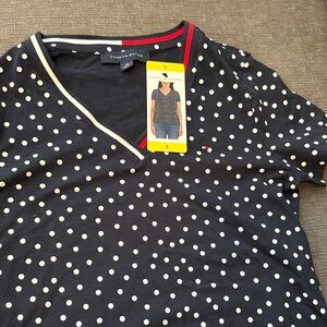 Tommy Hilfiger Navy and White Polka Dot V-Neck Shirt